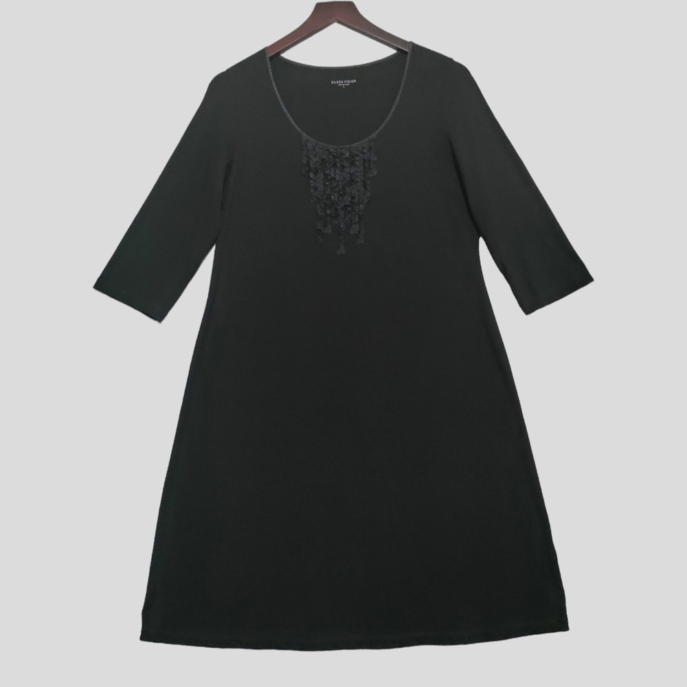 Eileen Fisher Dress Sz Small Viscose Stretch Jersey Knit Ruffle Neck 3/4 Sleeve - Picture 2 of 13